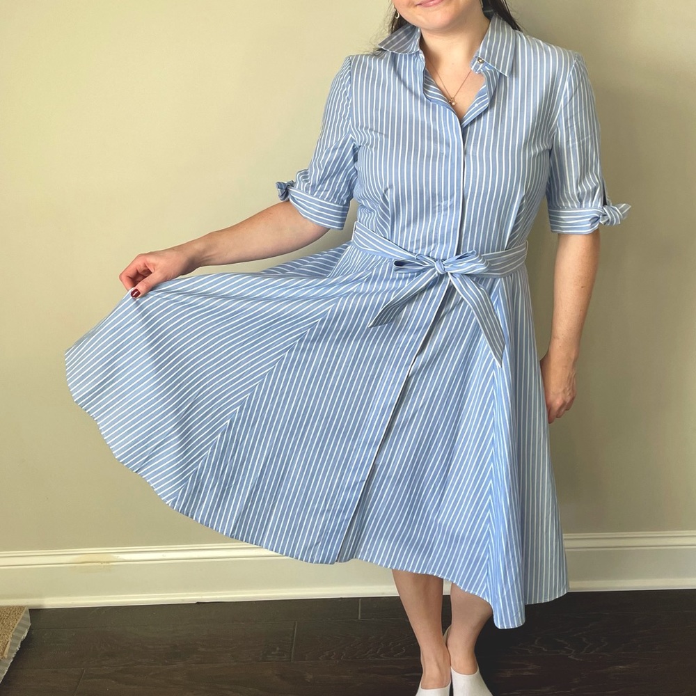 Mid-length Calvin Klein blue and white striped dress for sale. Like new. Worn 2x